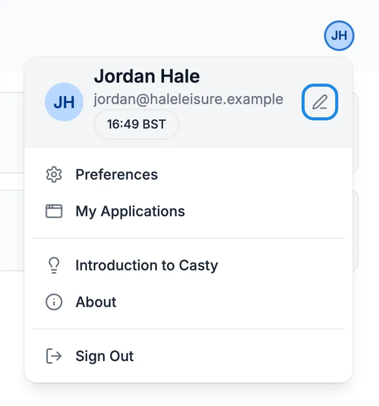 The user menu with the pencil icon next to the name outlined