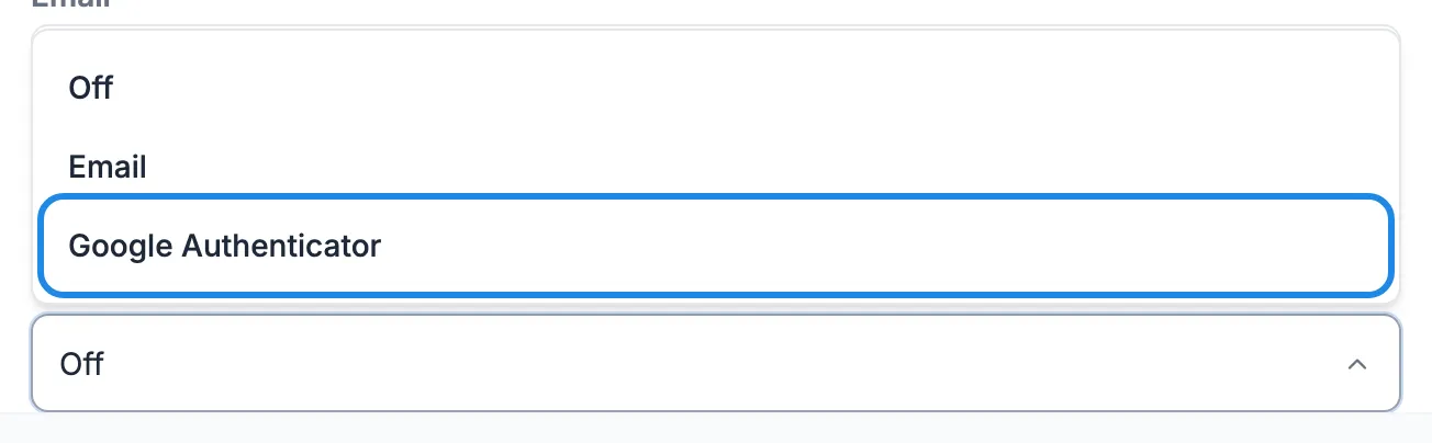 The Two Factor Authentication list open, with Google Authenticator outlined