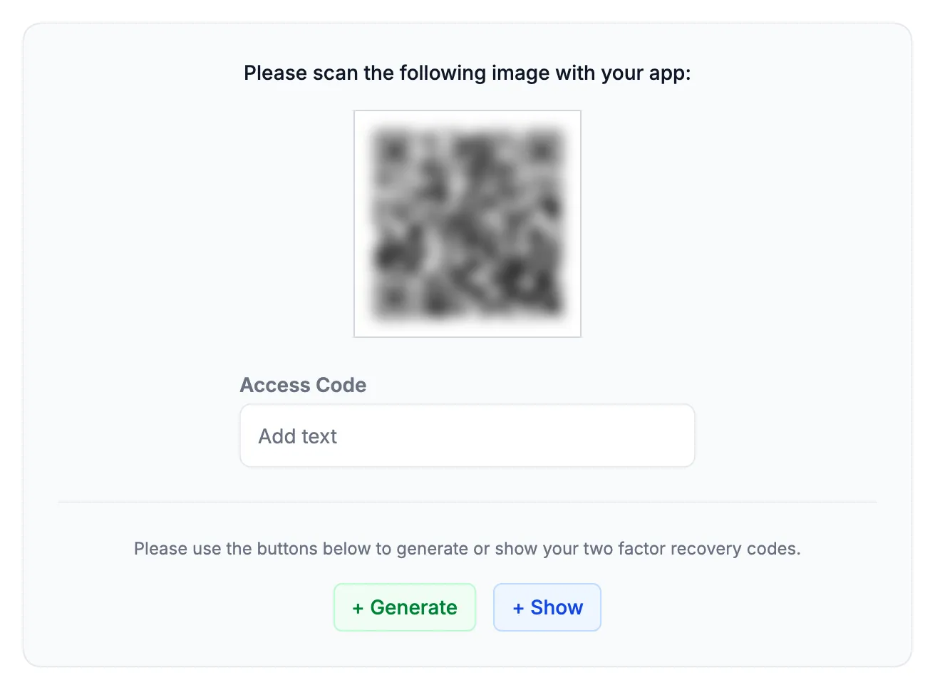 The QR code (blurred here), the Access Code box and the Generate and Show buttons for recovery codes