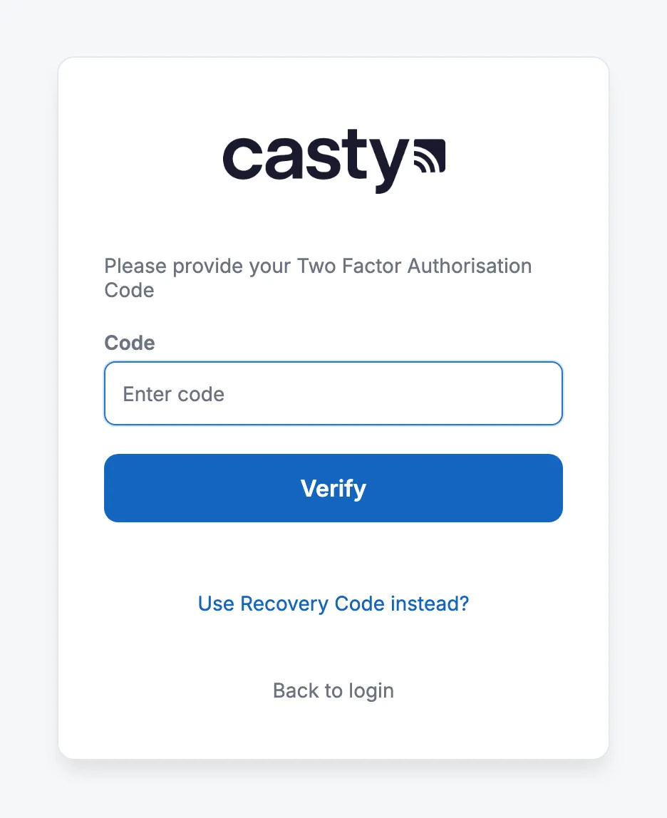 The login page asking for the two-factor code, with a Verify button and a Use Recovery Code instead? link
