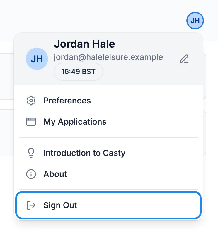The user menu with Sign Out outlined