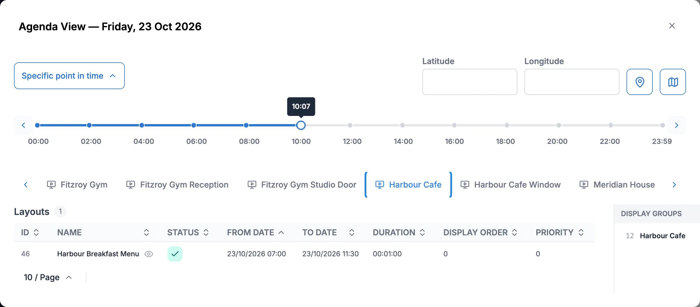 The agenda for Harbour Cafe at 10, listing Harbour Breakfast Menu from 07 to 11