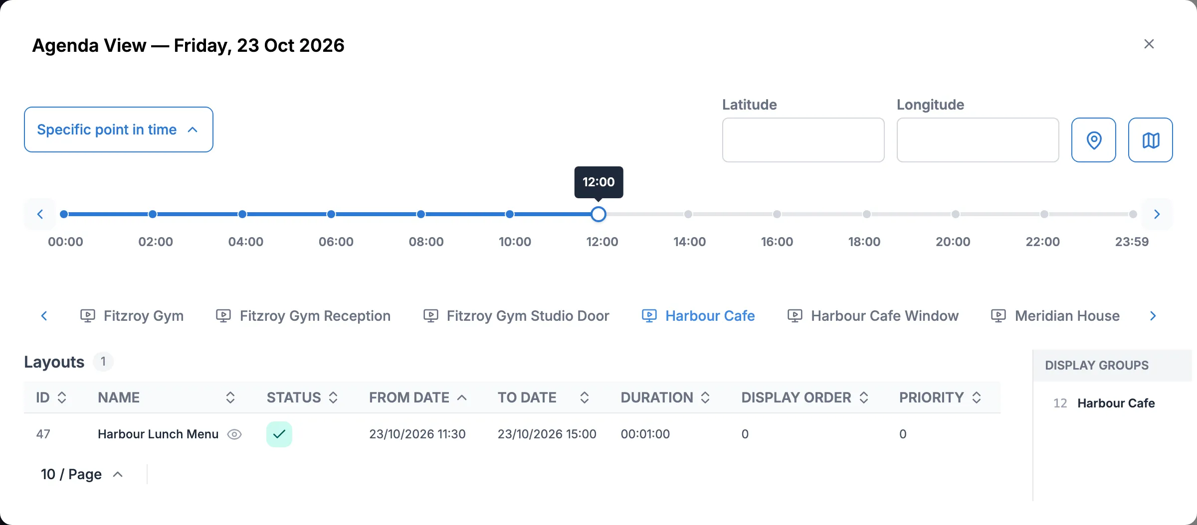 The agenda for Harbour Cafe at 12, listing Harbour Lunch Menu from 11 to 15