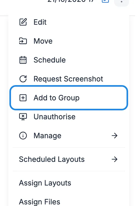 The display’s menu with Add to Group outlined