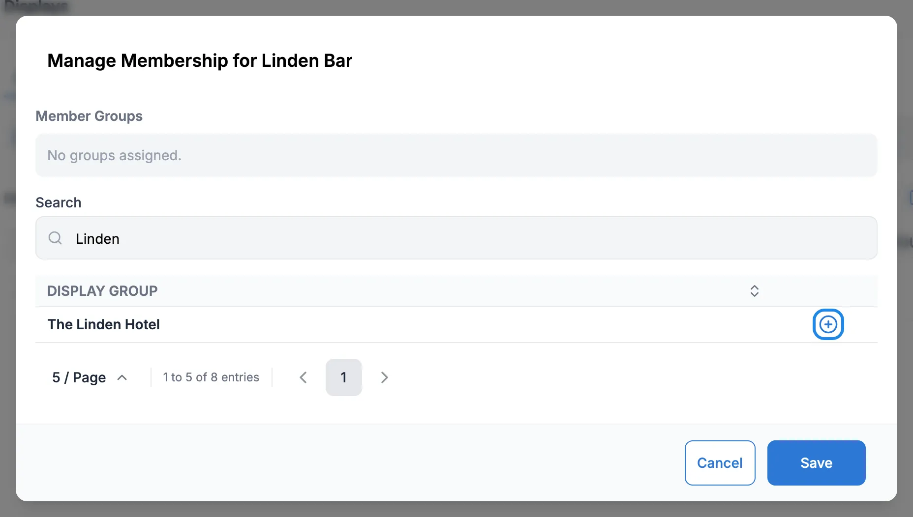 The Manage Membership window for Linden Bar, with the plus icon next to The Linden Hotel outlined