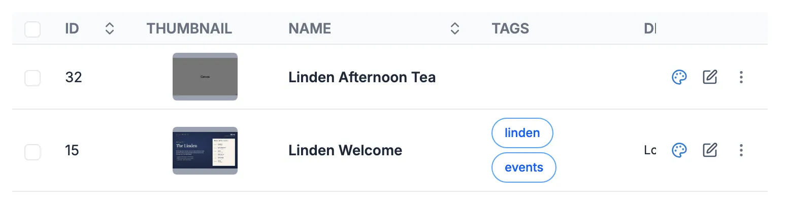 The Layouts list with Linden Afternoon Tea showing Draft in the Status column and Linden Welcome showing Published