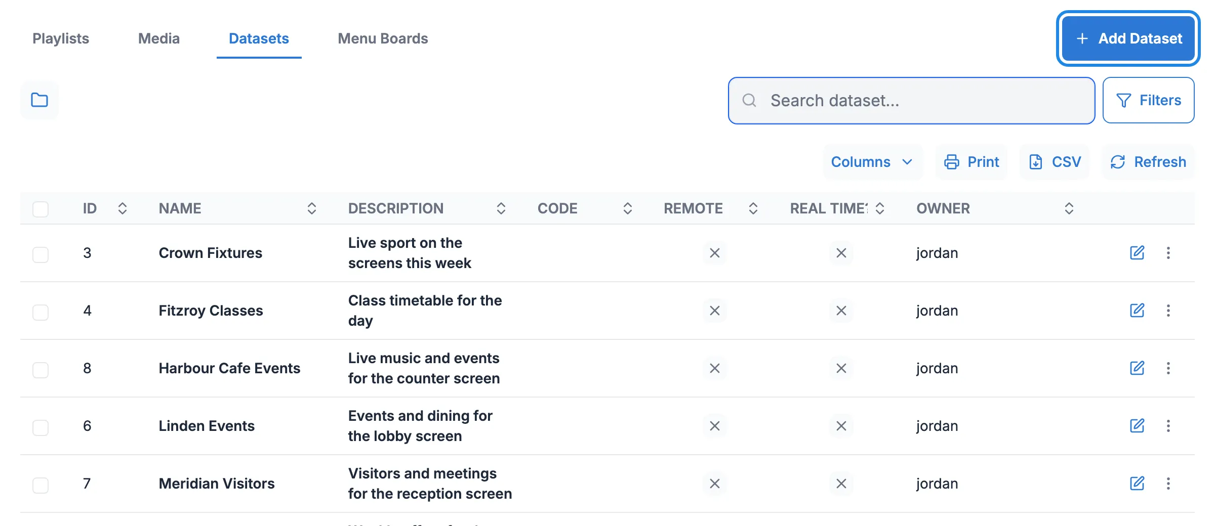 The Datasets page with the Add Dataset button highlighted