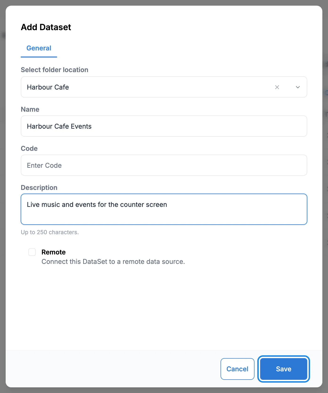 The Add Dataset window with the name Harbour Cafe Events and the Harbour Cafe folder