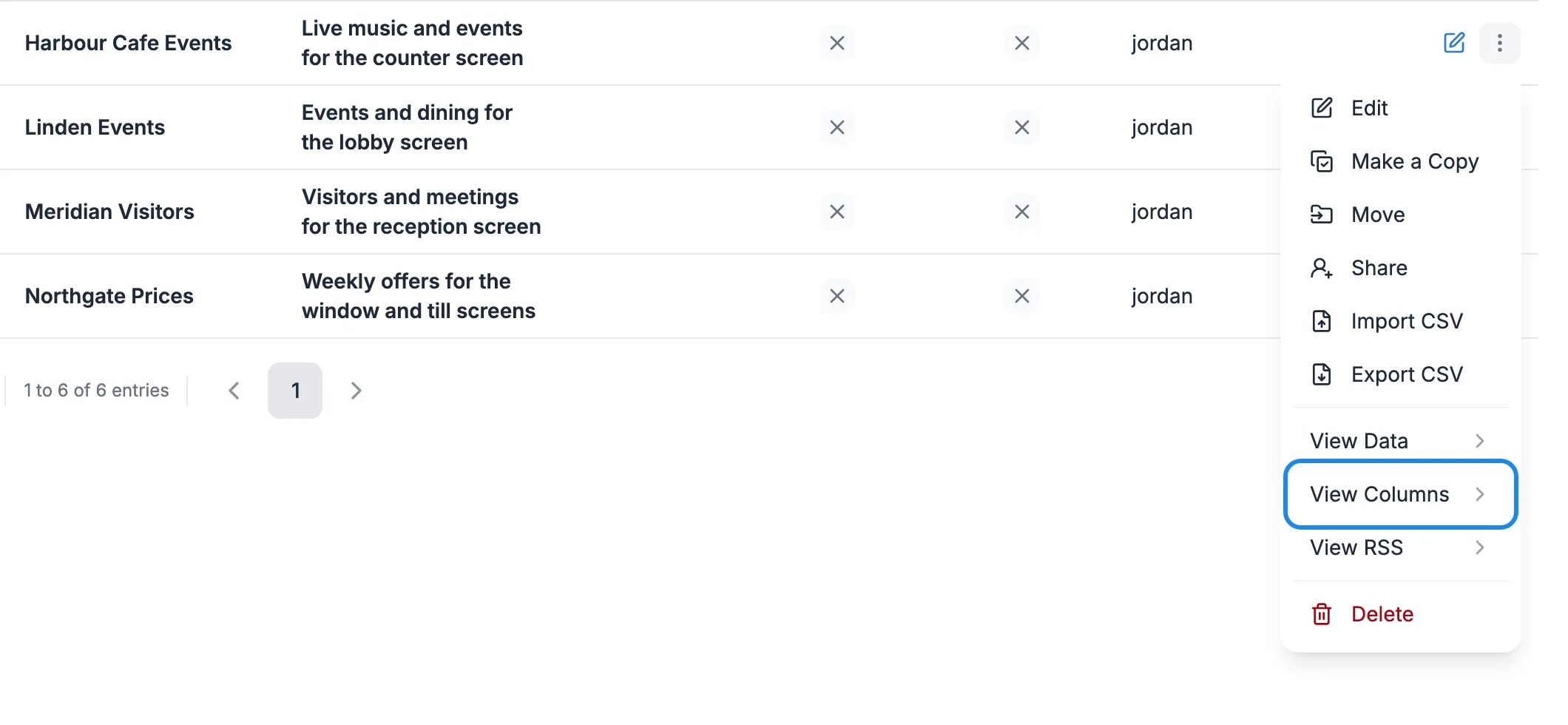 The More actions menu for Harbour Cafe Events with View Columns highlighted