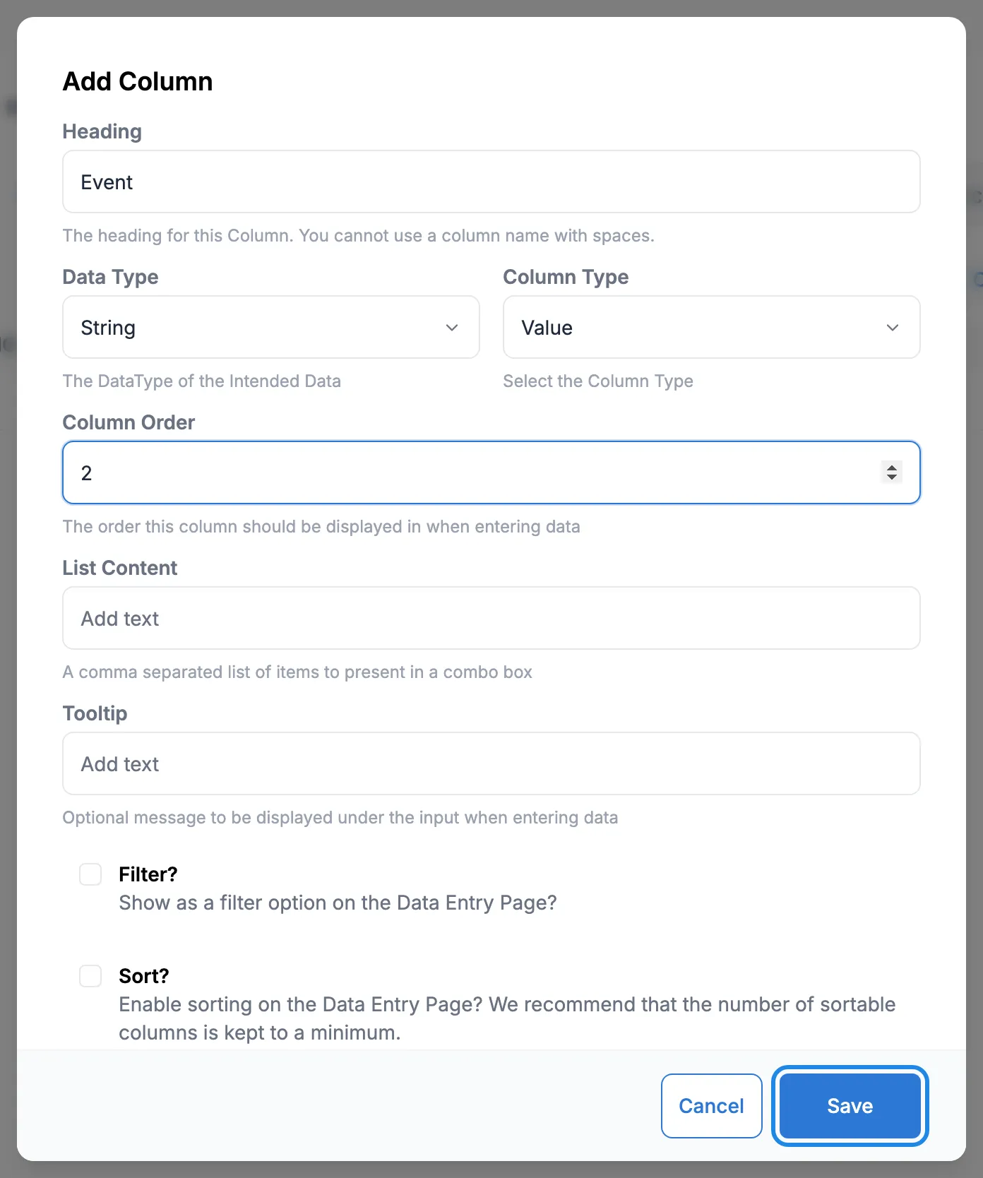 The Add Column window with the heading Event and column order 2