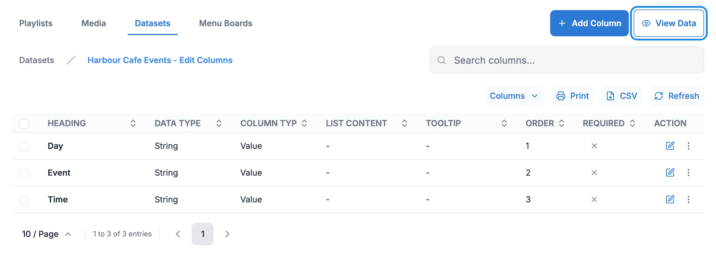 The columns Day, Event and Time listed in order, with the View Data button highlighted