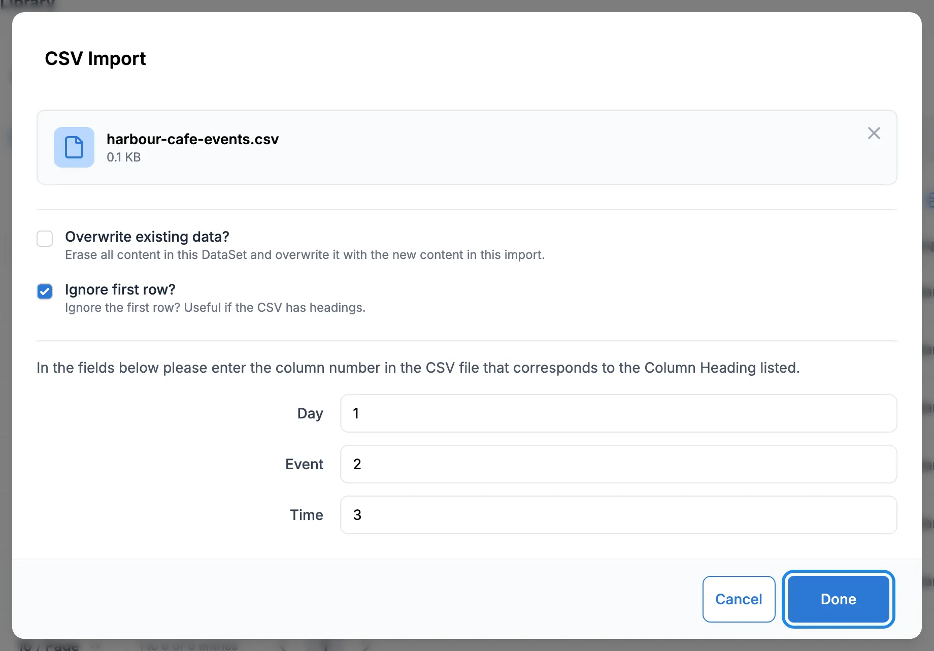 The CSV Import window with harbour-cafe-events.csv chosen, Ignore first row ticked and the columns numbered 1, 2 and 3