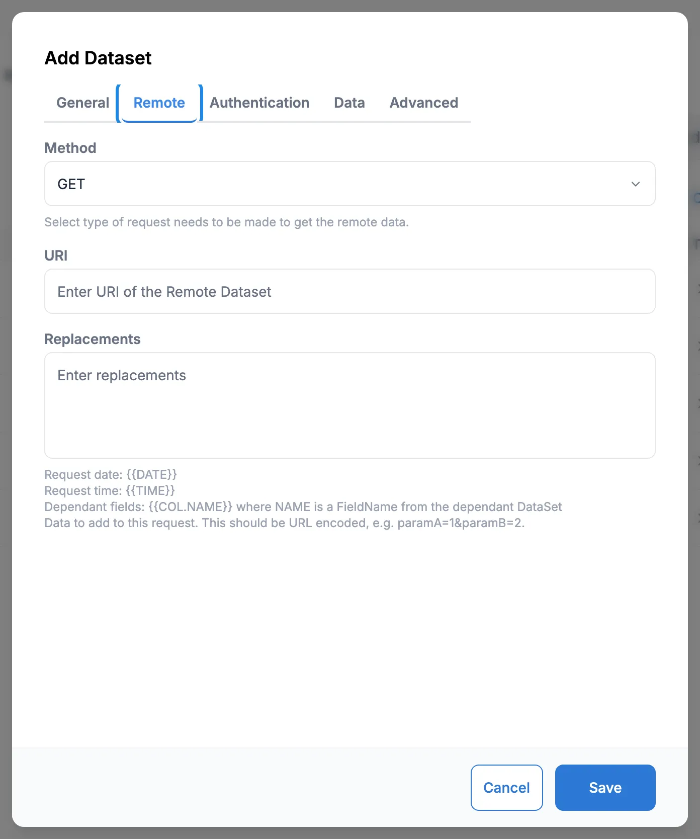 The Remote tab of Add Dataset with Method and URI fields