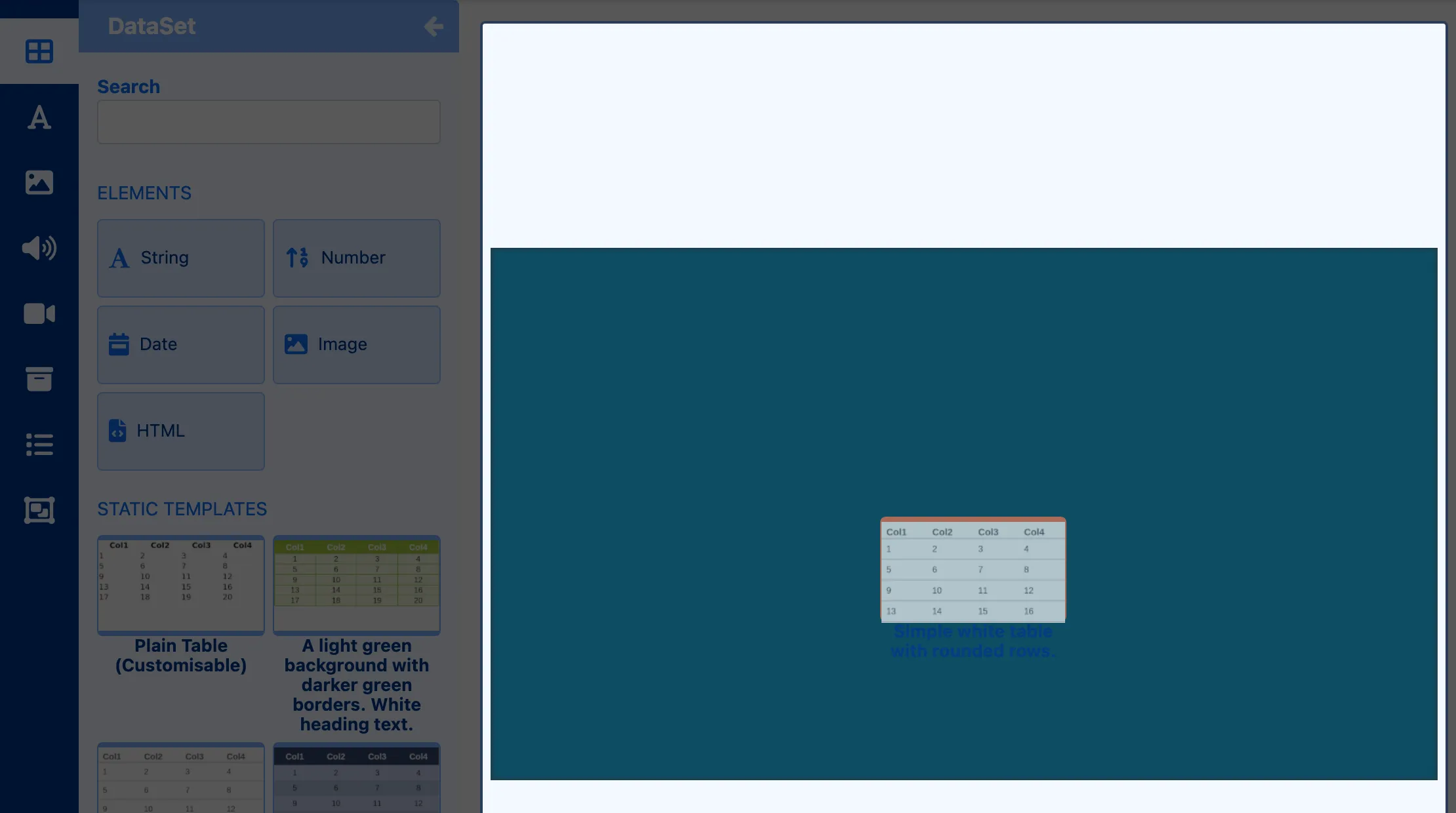 The DataSet panel with table styles, and Simple white table with rounded rows being dragged onto the canvas