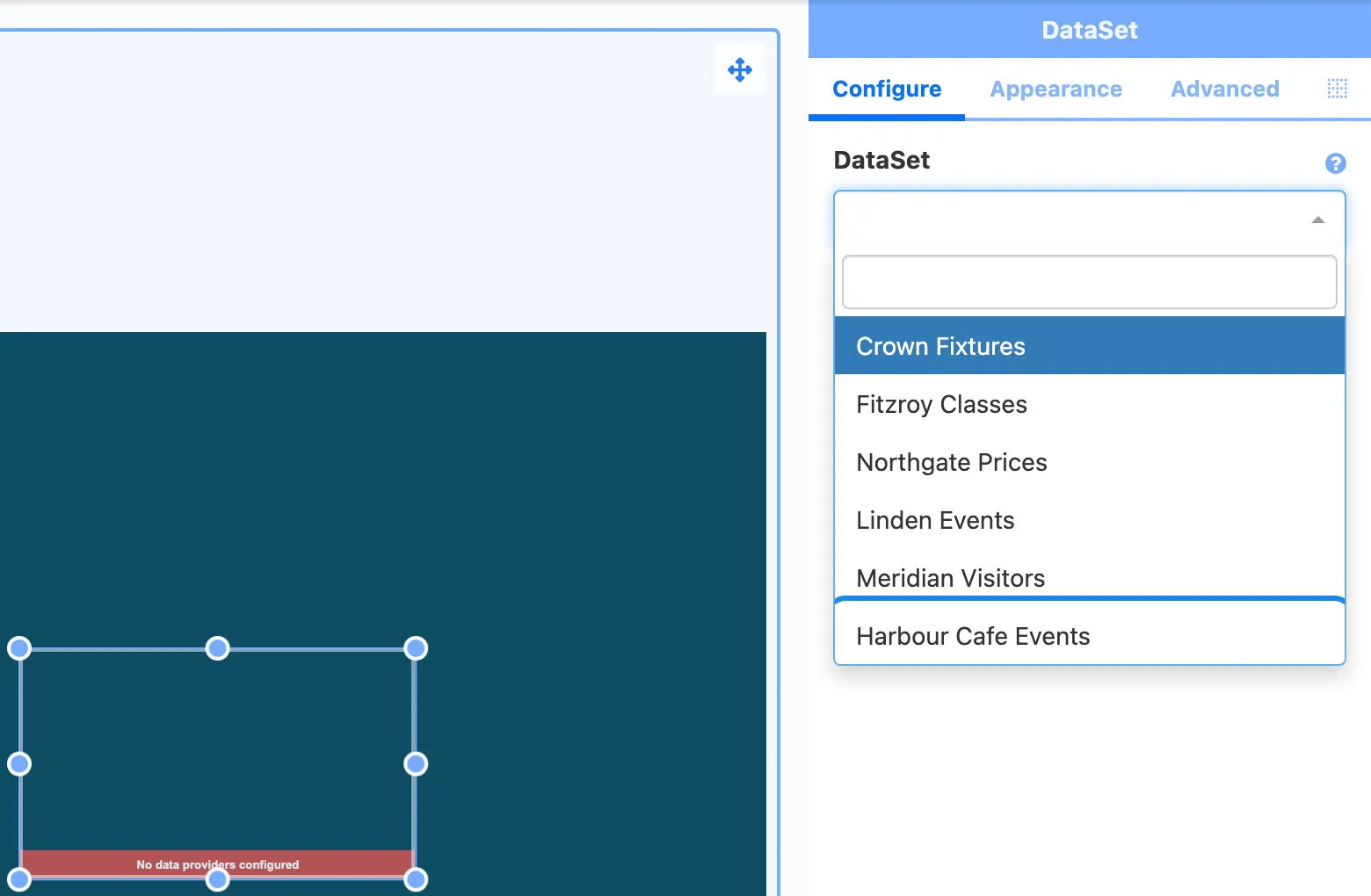 The DataSet list open on the Configure tab with Harbour Cafe Events highlighted