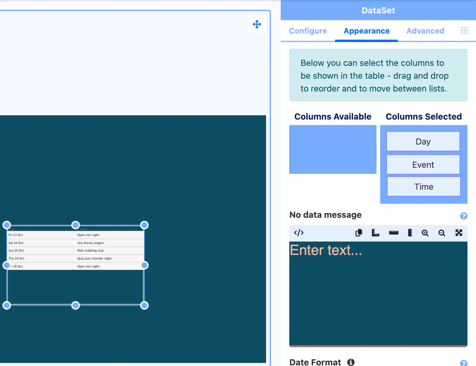 The Appearance tab with Day, Event and Time under Columns Selected, and the table filling in on the canvas