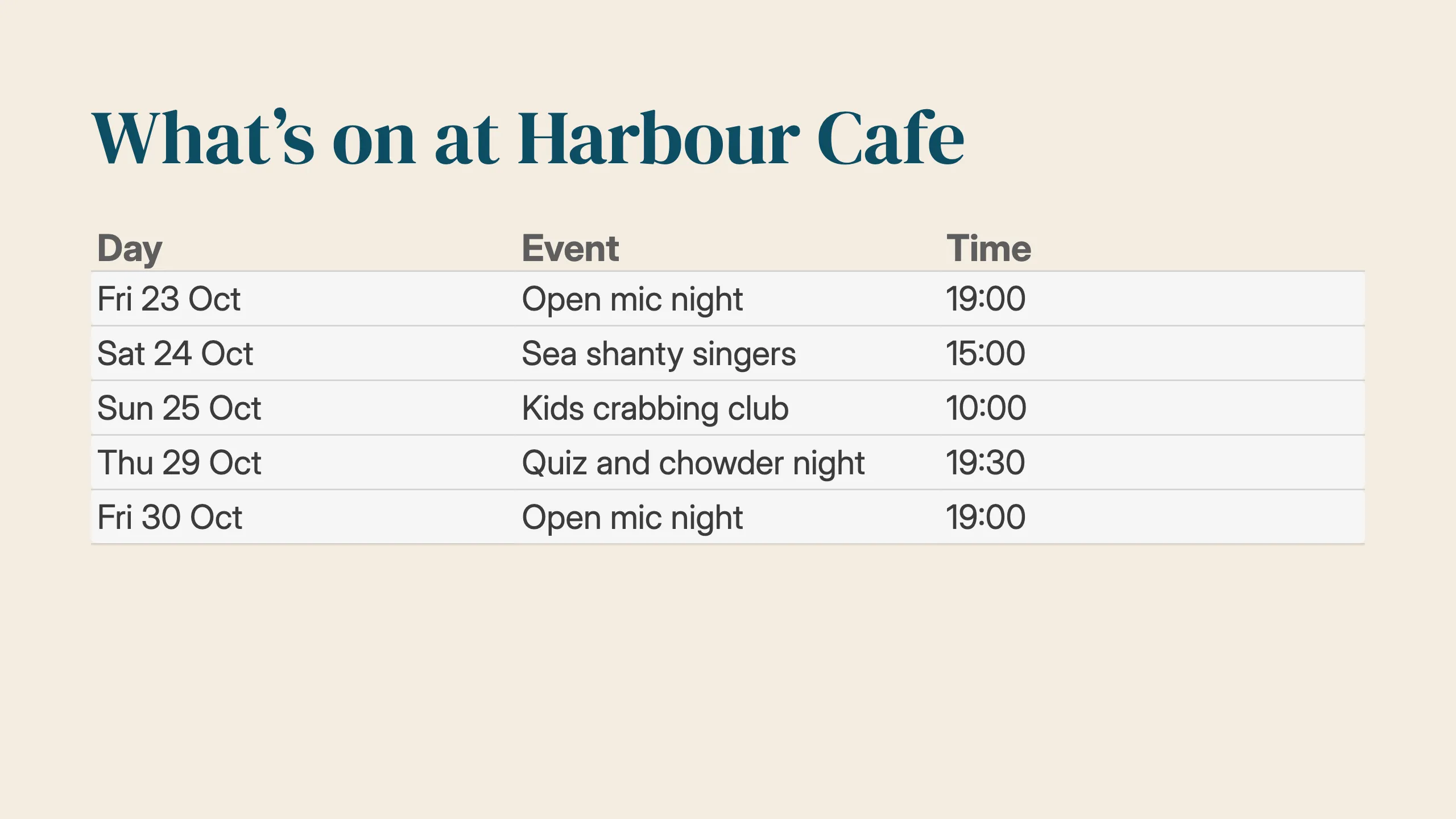 The finished events screen: the heading What’s on at Harbour Cafe above a table of days, events and times