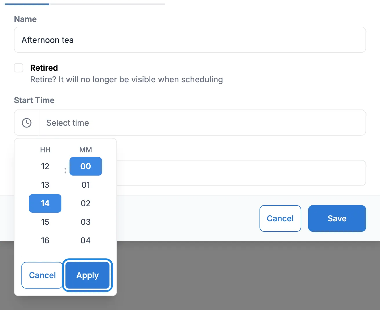 The time picker for Start Time with 14 and 00 selected and Apply outlined