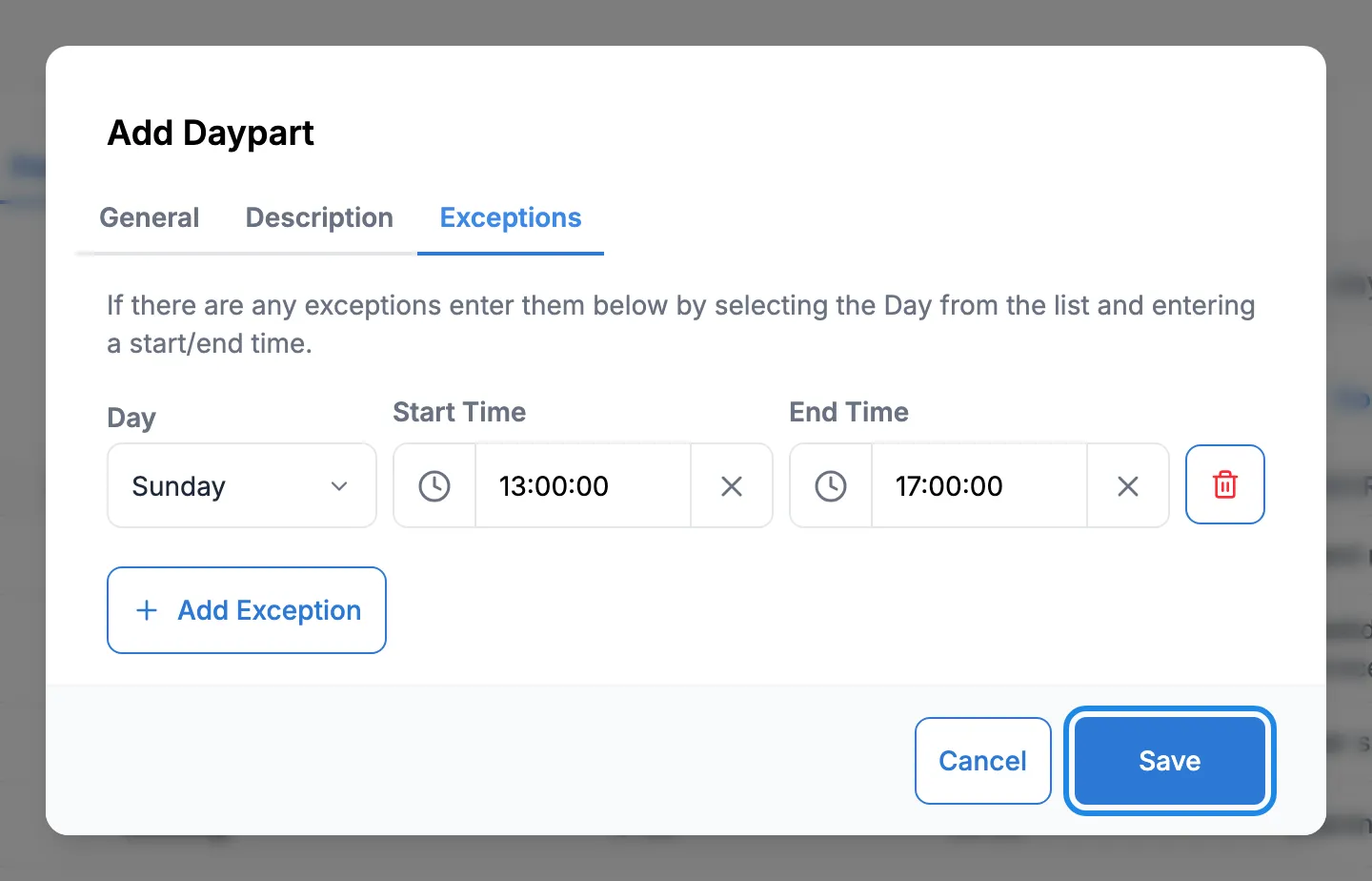 The Exceptions tab with Sunday set from 13:00 to 17:00 and the Save button outlined
