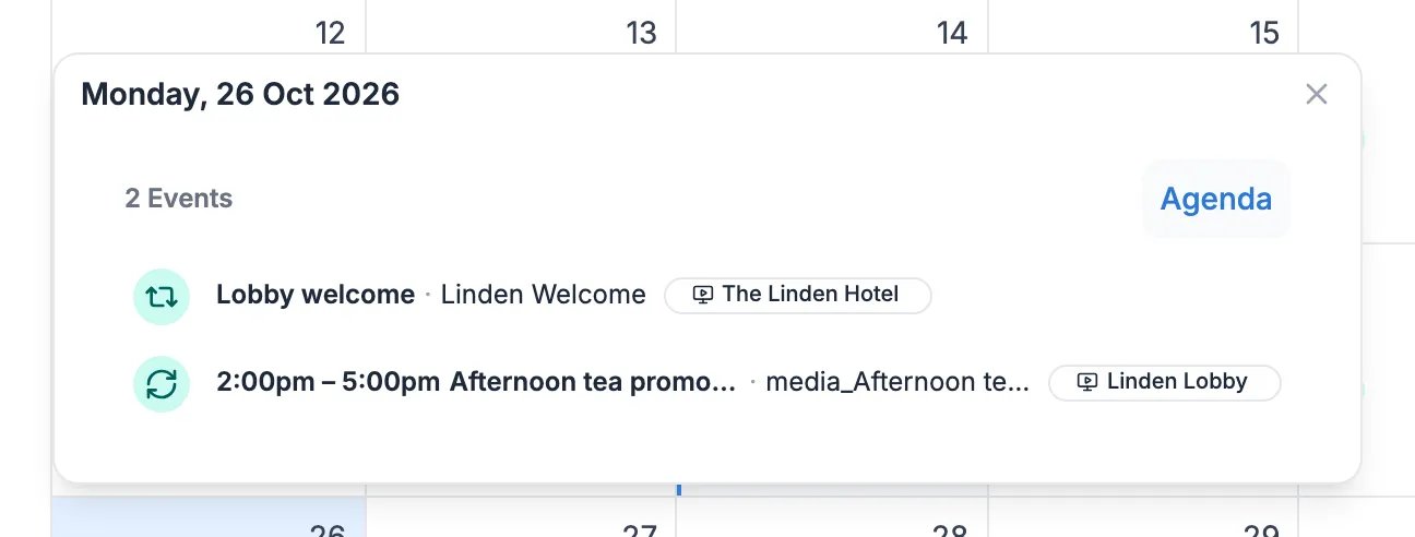 The events for Monday 26 October, with Afternoon tea promo (lobby) shown from 2 to 5