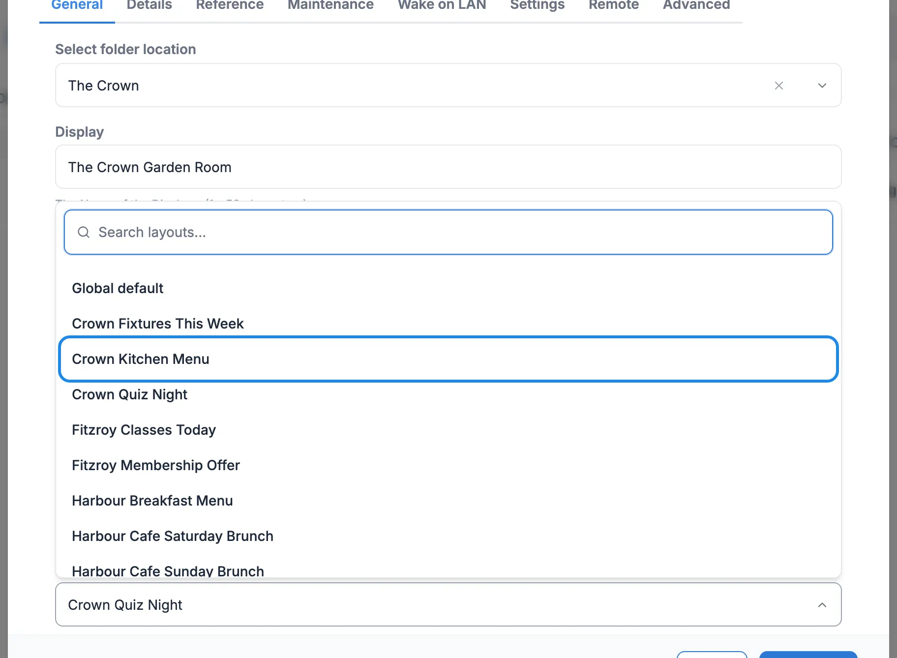 The Default Layout list open, with Crown Kitchen Menu outlined and Global default at the top