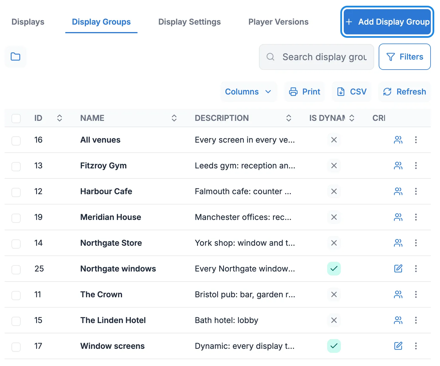 The Display Groups page listing All venues, each venue and Window screens, with Add Display Group outlined