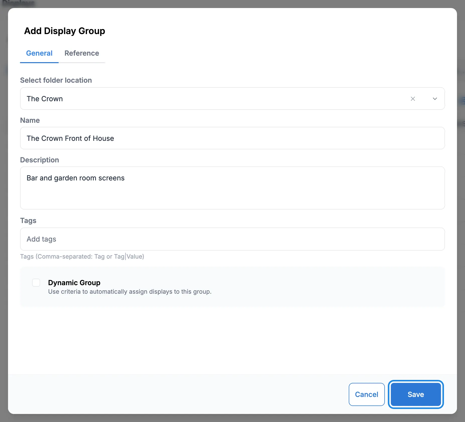 The Add Display Group form for The Crown Front of House in The Crown folder, with Save outlined