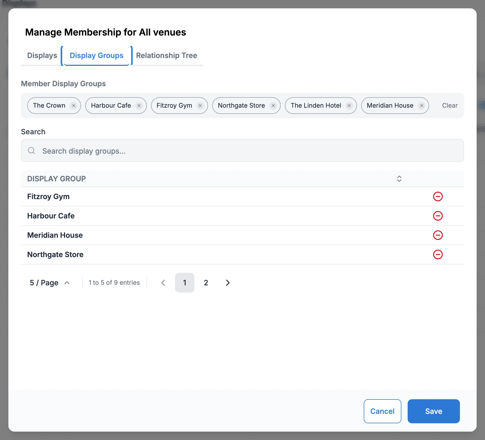 The Display Groups tab of Manage Membership for All venues, listing The Crown, Harbour Cafe, Fitzroy Gym, Northgate Store, The Linden Hotel and Meridian House as members