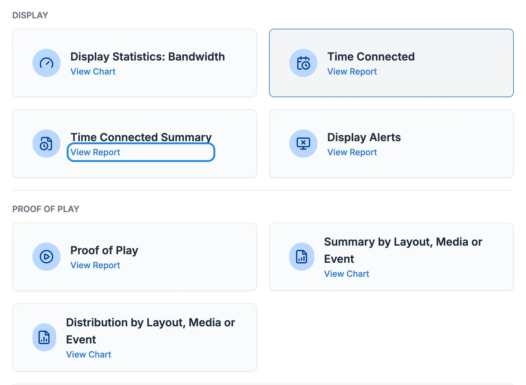 The All Reports page with the Display and Proof of Play sections