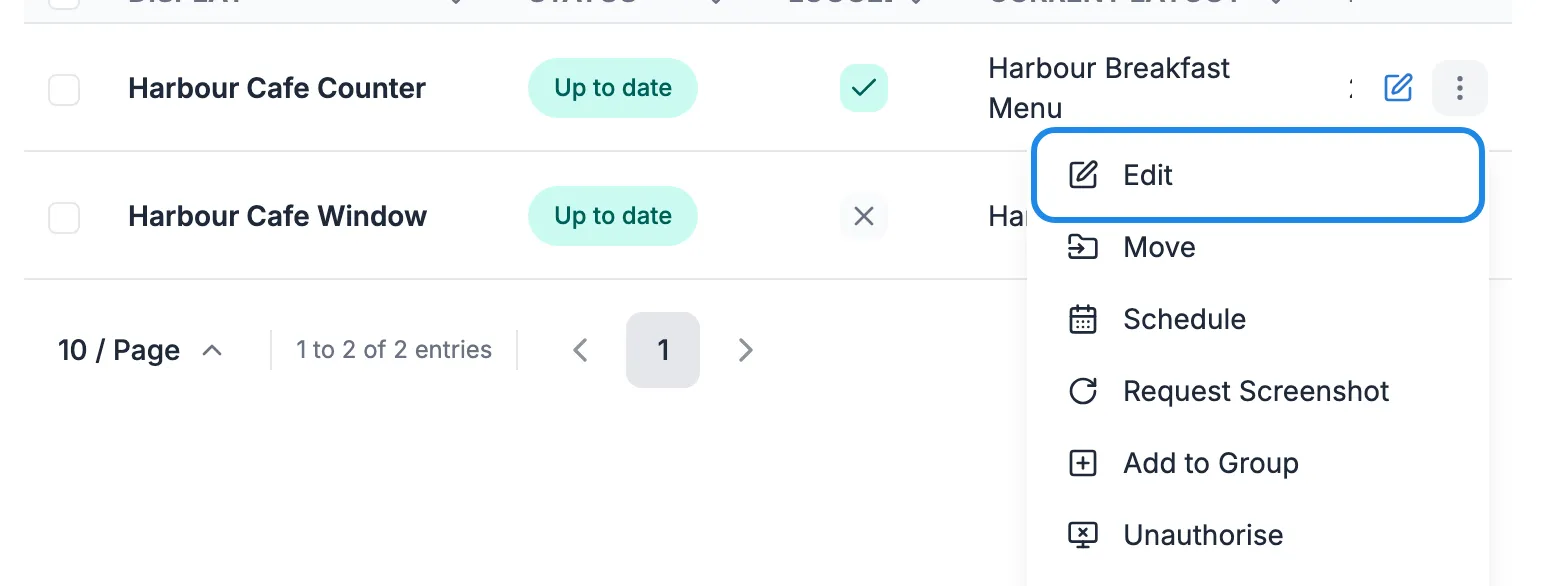A display’s menu open with Edit outlined