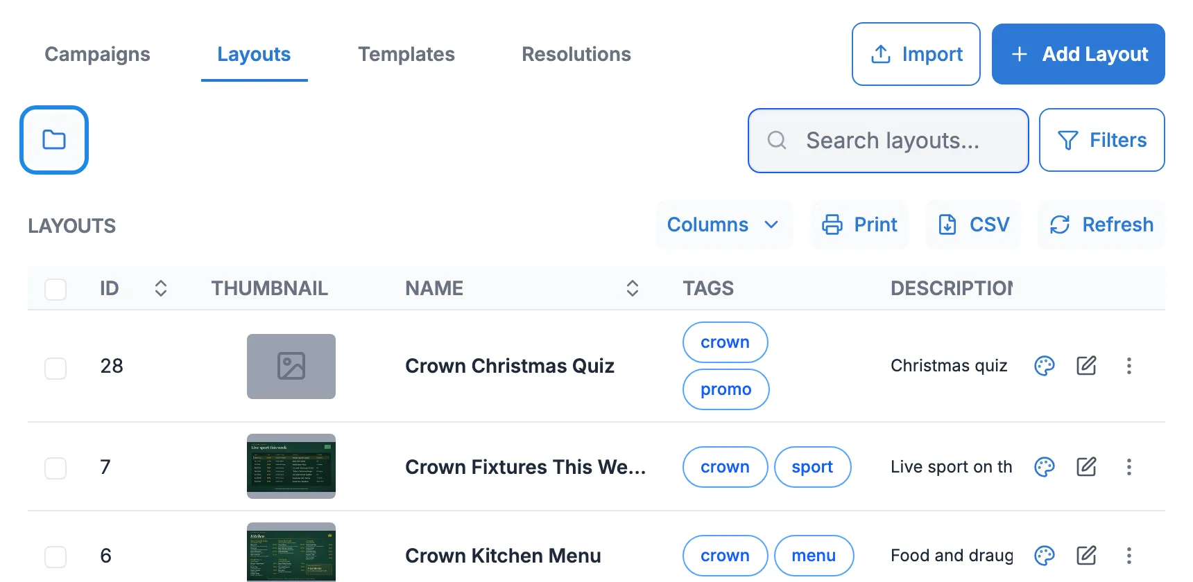 The Layouts page with the folder button outlined