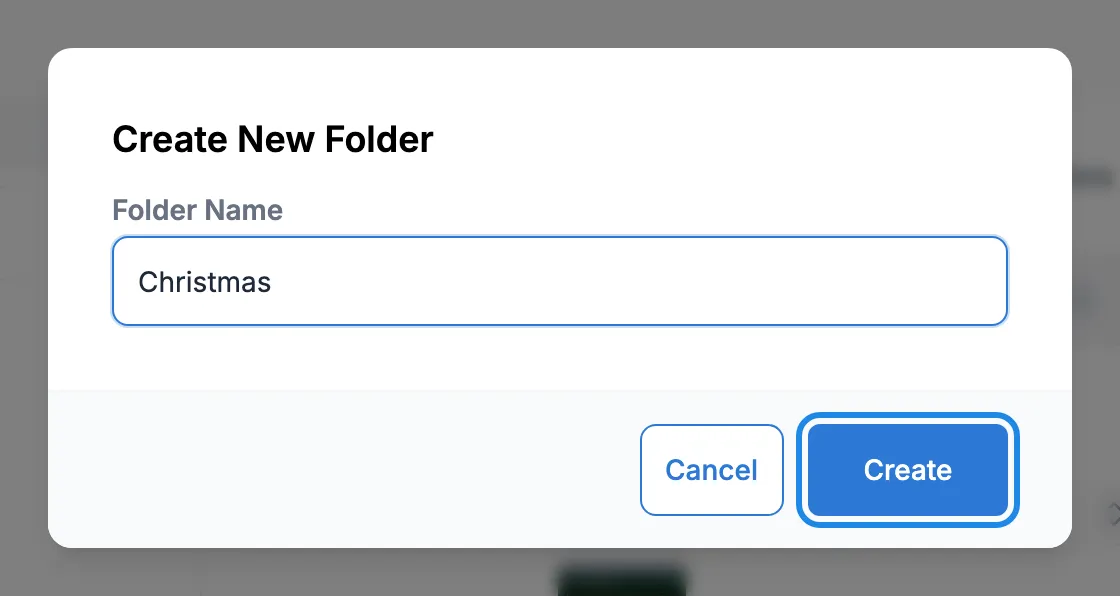 The Create New Folder window with the name Christmas
