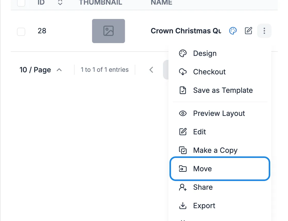 The menu for the Crown Christmas Quiz layout with Move outlined