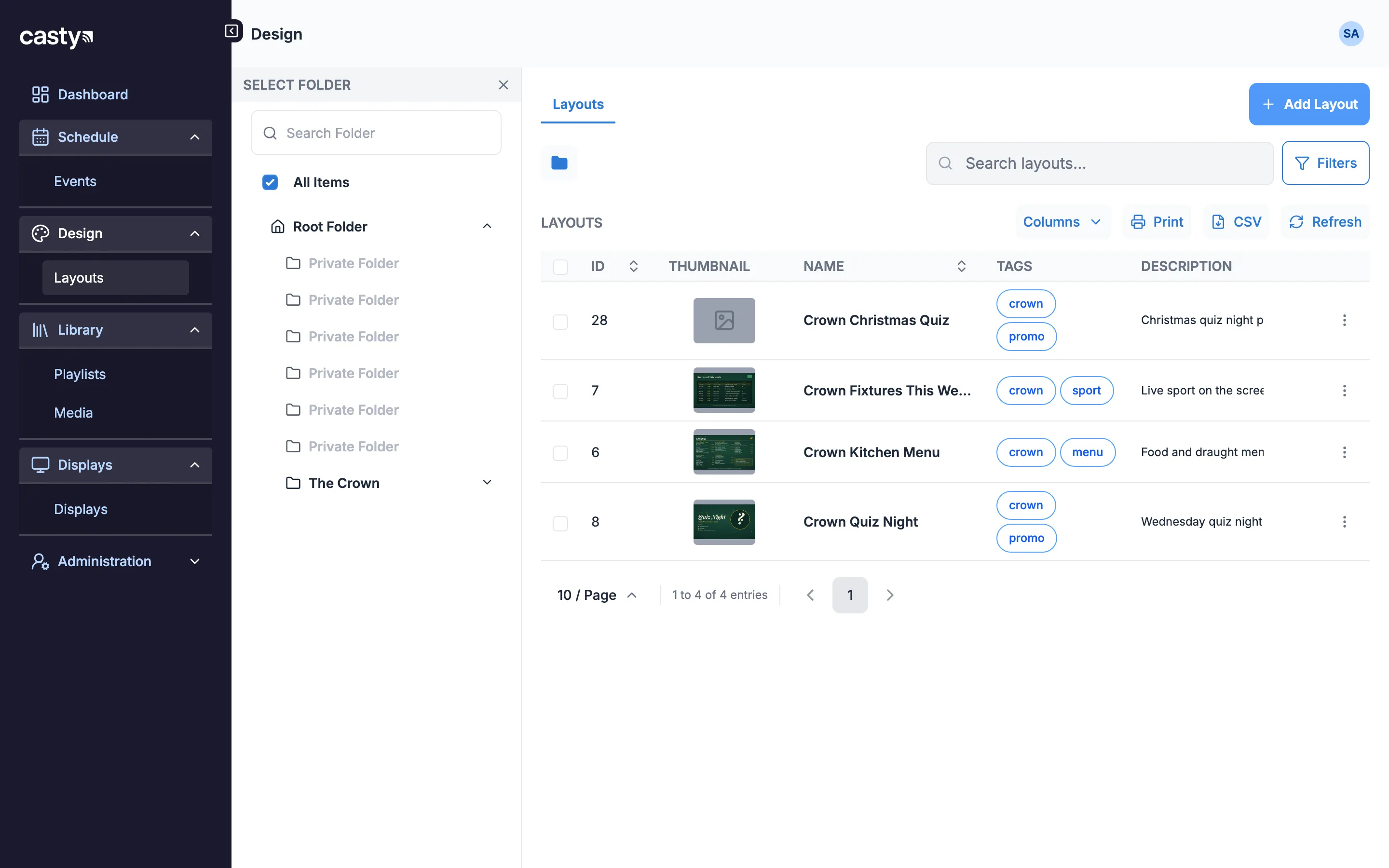 The Layouts page as a bar manager sees it, with The Crown as the only open folder and other folders shown as Private Folder