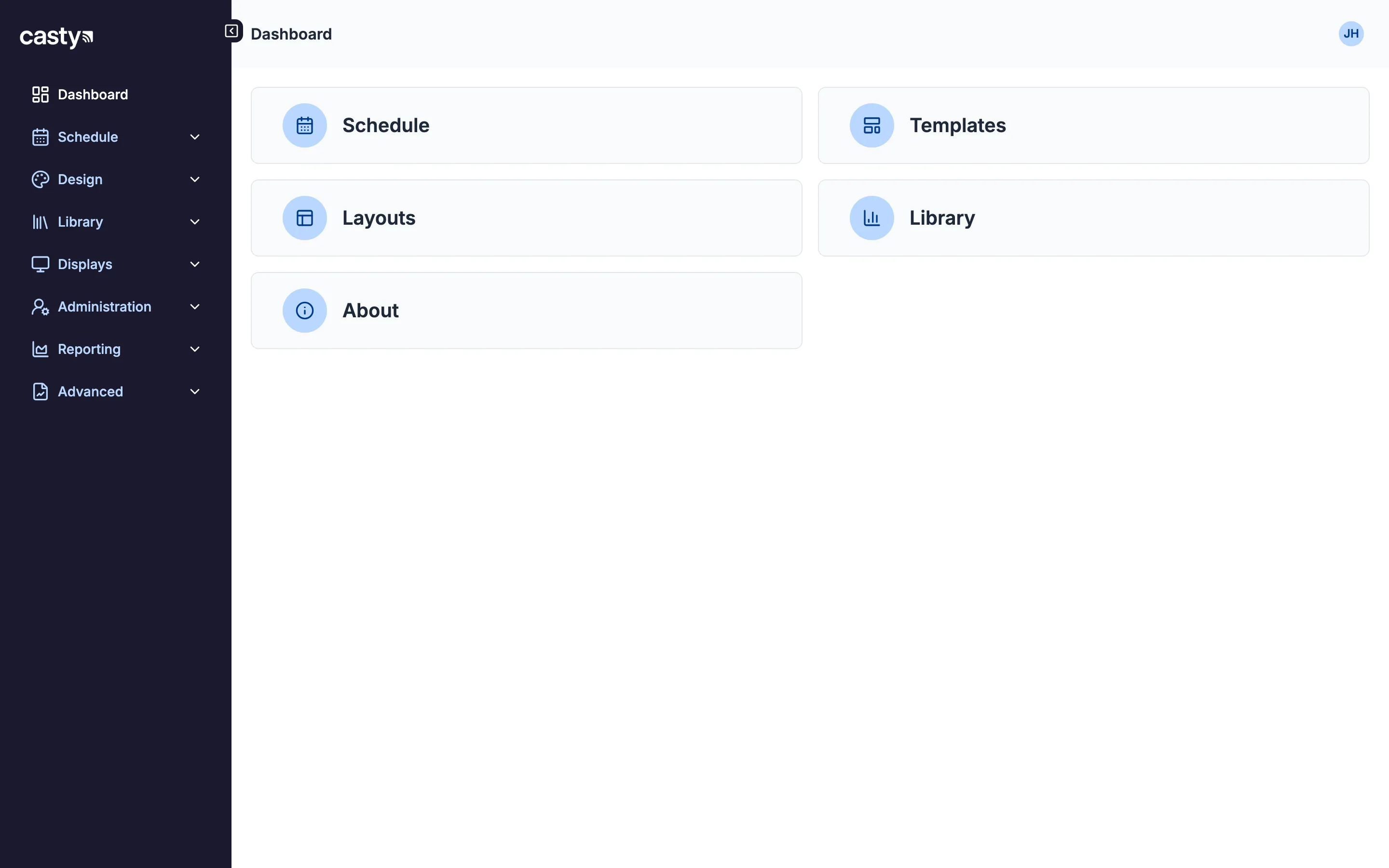 The Casty dashboard, with the menu on the left and shortcut tiles for Schedule, Templates, Layouts, Library and About