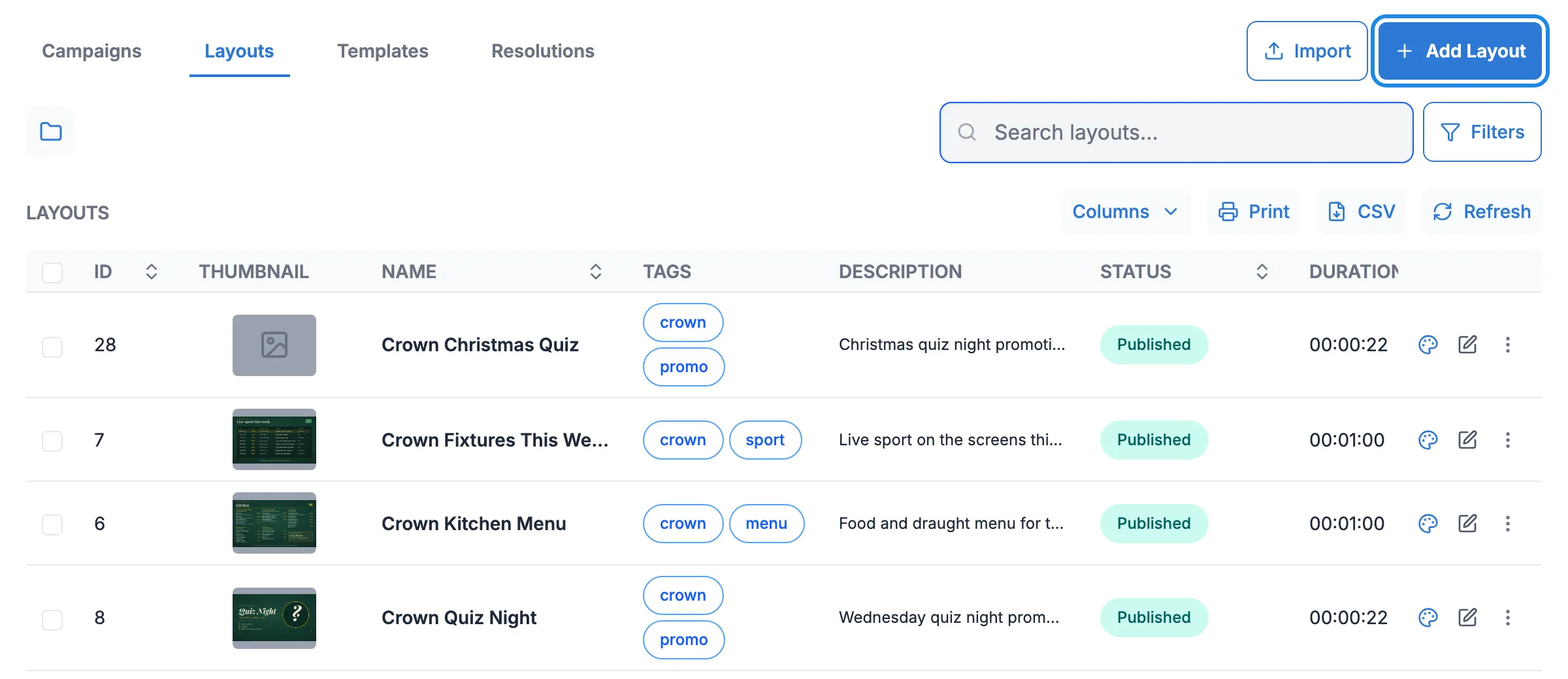 The Layouts page with the Add Layout button highlighted