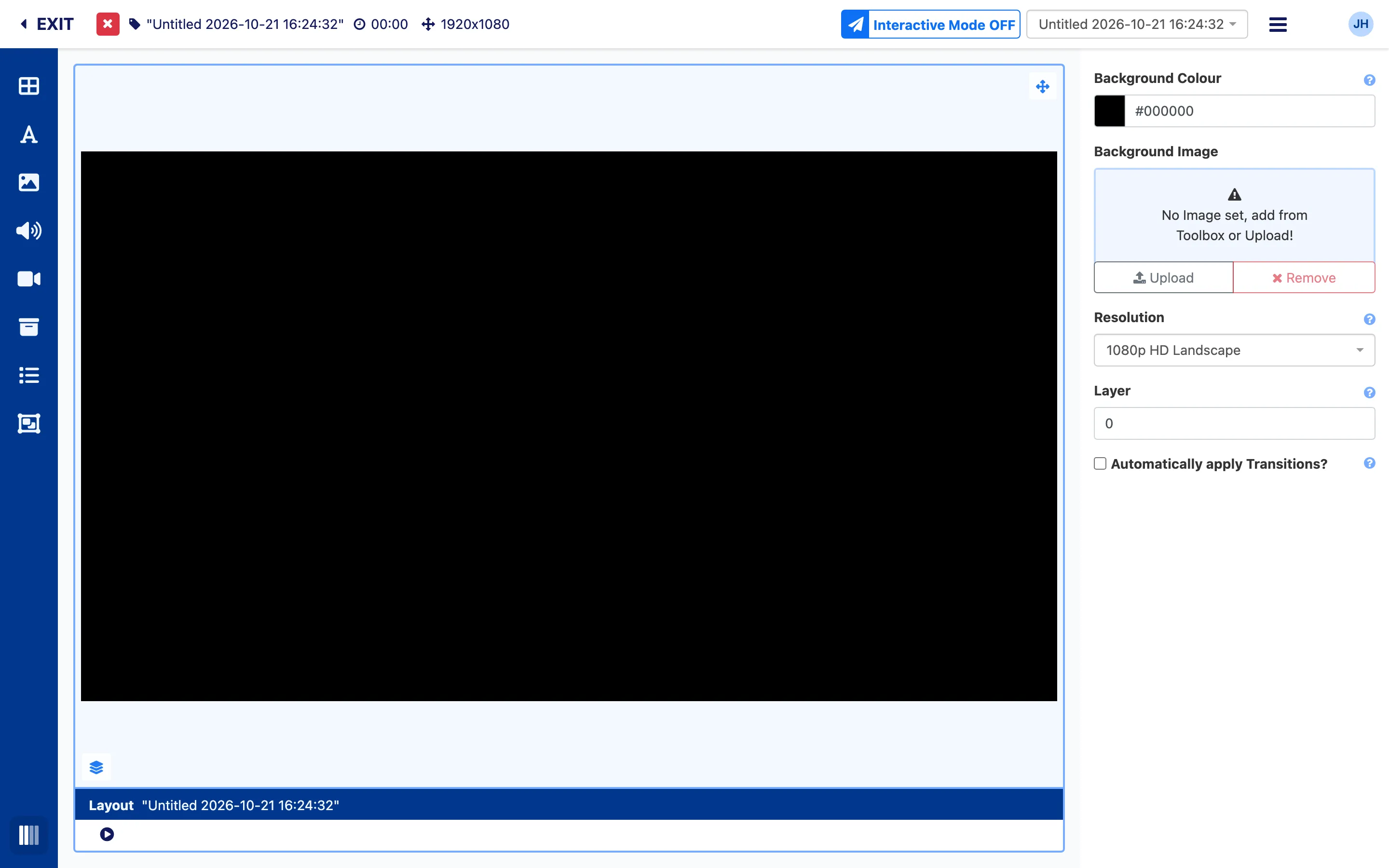 The layout editor with an empty black canvas, the toolbox on the left and the layout’s settings on the right