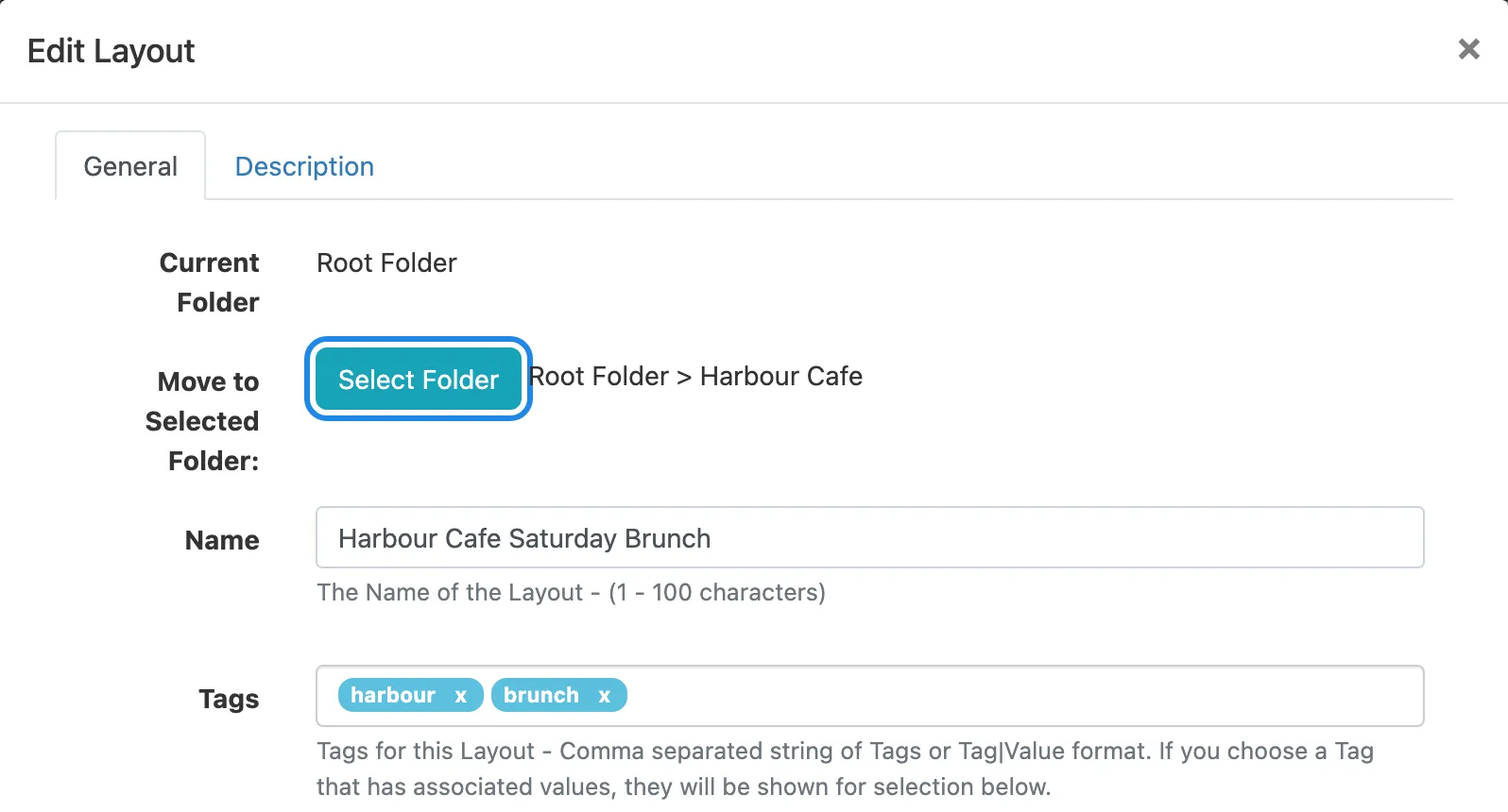 The Edit Layout window with the name Harbour Cafe Saturday Brunch, the Harbour Cafe folder and the tags harbour and brunch