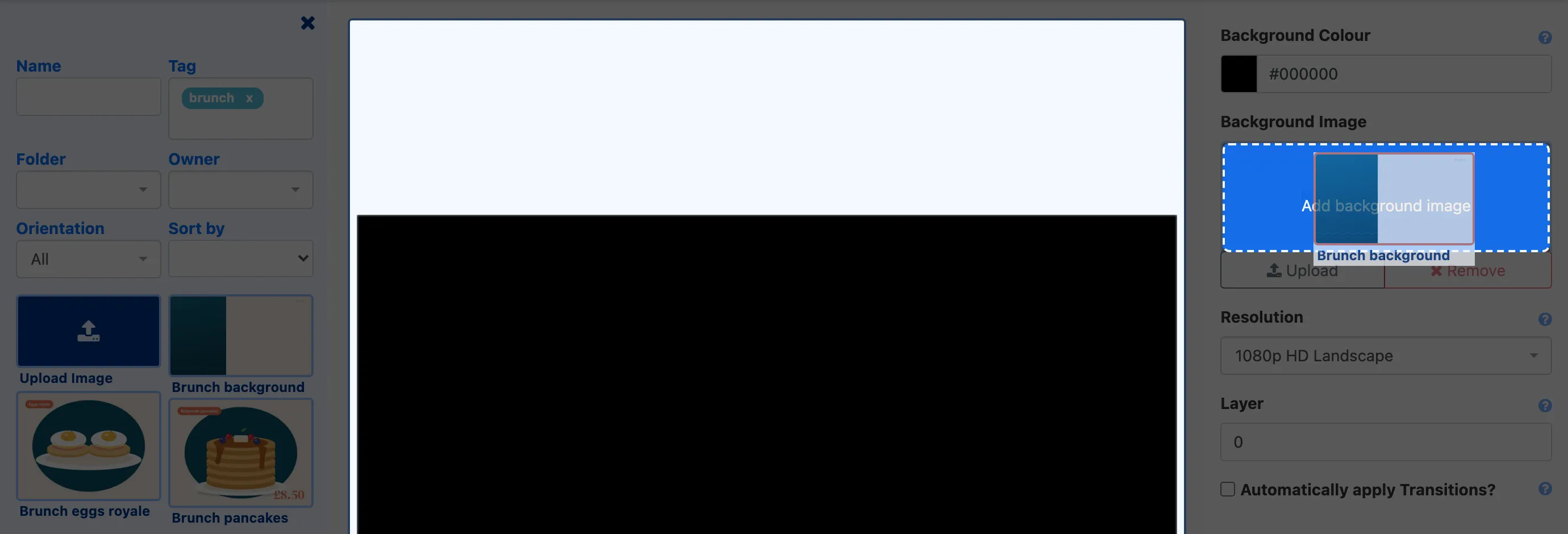 A background picture being dragged from the toolbox onto the Background Image box