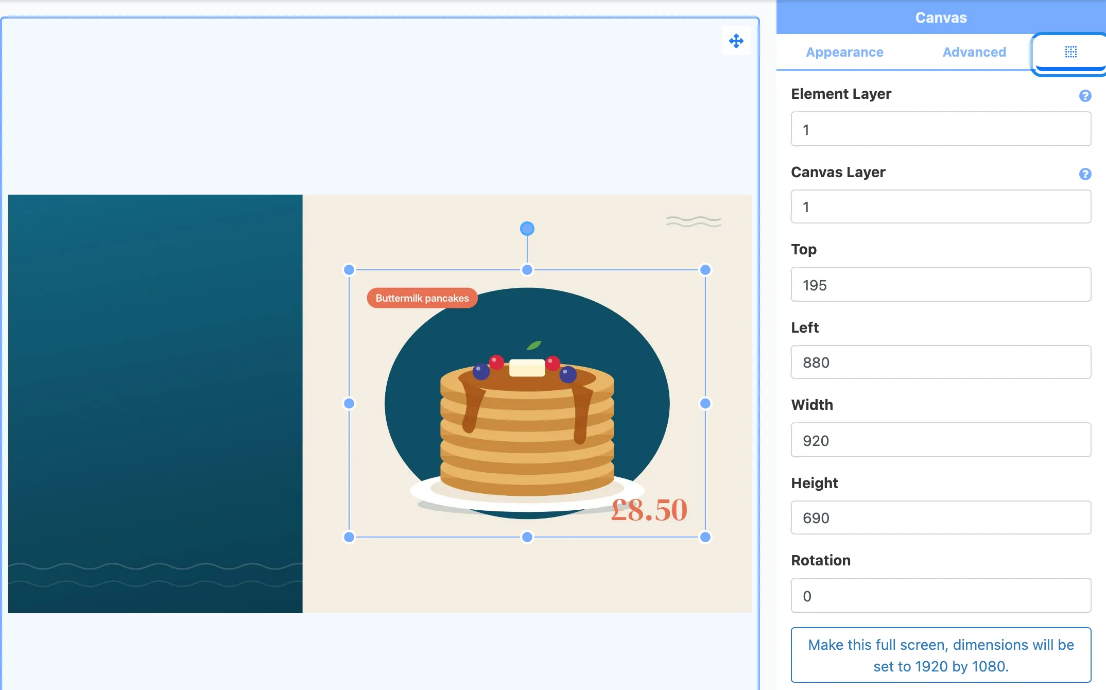 The pancakes image on the right half of the canvas, with the Positioning tab showing its top, left, width and height