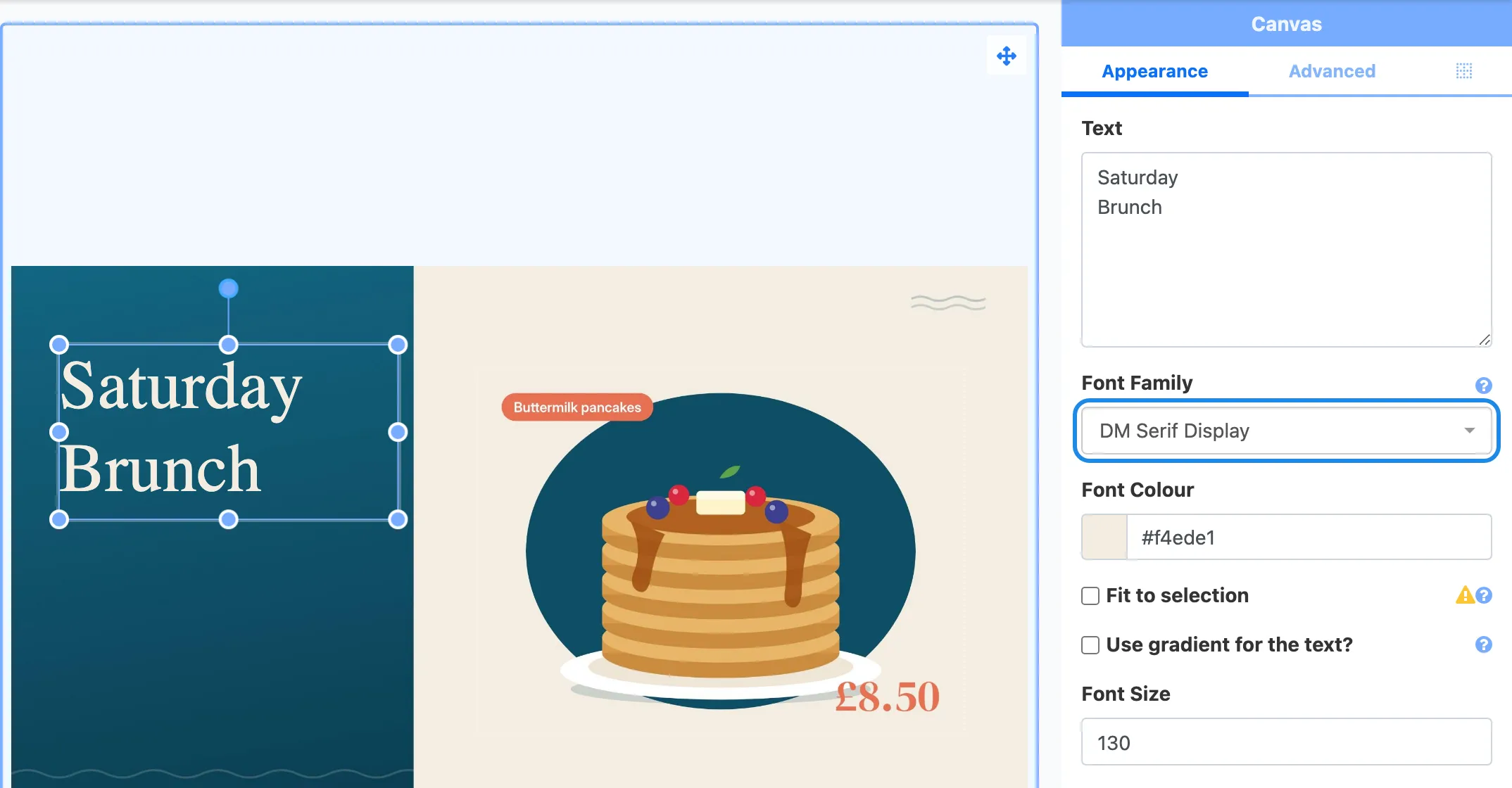 The heading Saturday Brunch on the canvas, with the Font Family list highlighted in the properties panel