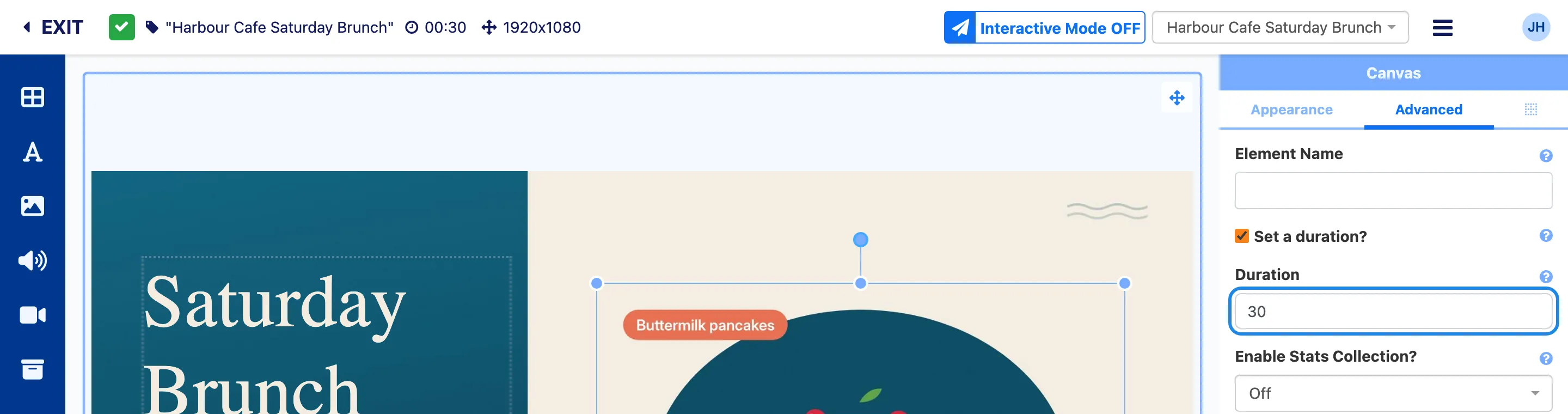The Advanced tab with Set a duration ticked and the duration set to 30, and the layout’s running time of 00 at the top