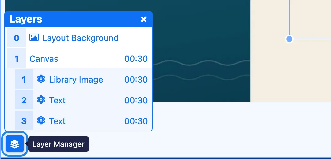 The Layers panel listing the background, the canvas, the image and two text items