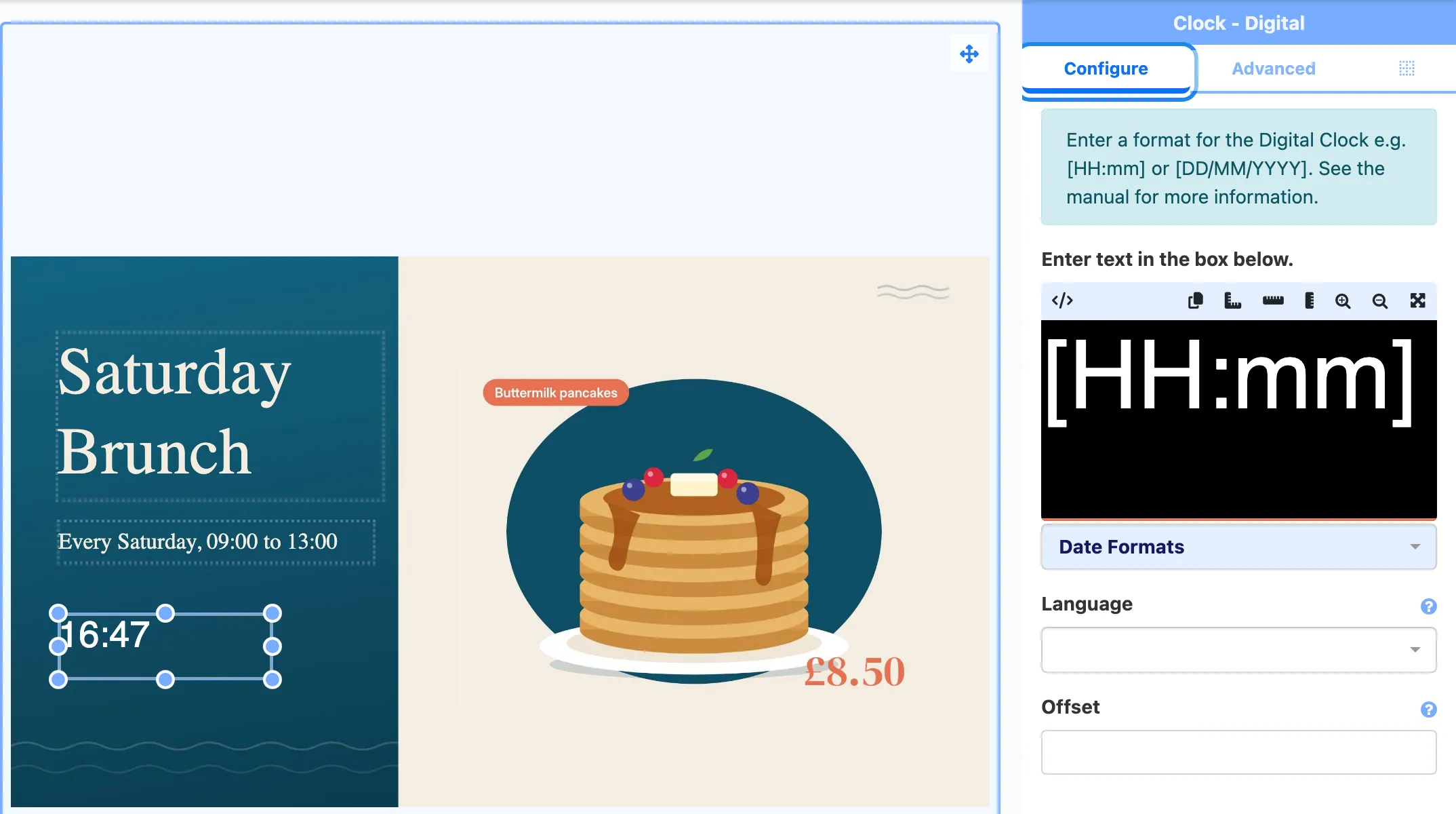 The Configure tab for Clock - Digital, with the format HH in the text box