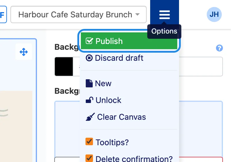 The Options menu open with Publish highlighted