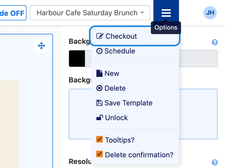 The Options menu of a published layout with Checkout highlighted