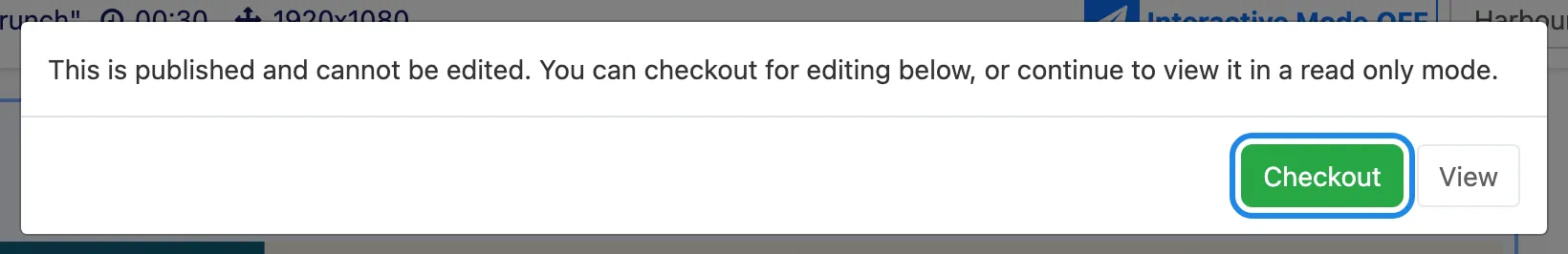 The message saying the layout is published, with Checkout and View buttons