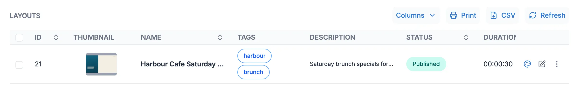 The Layouts page showing Harbour Cafe Saturday Brunch with the status Published