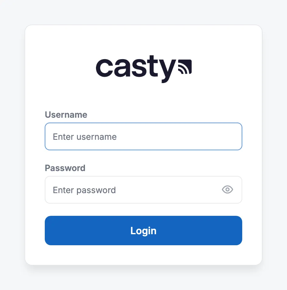 The Casty login page with Username and Password boxes and the Login button