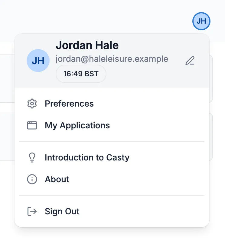 The user menu open, showing Jordan Hale, the pencil icon, Preferences, My Applications, Introduction to Casty, About and Sign Out